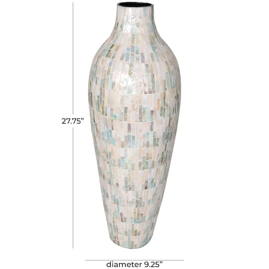 28" White Mother of Pearl Handmade Mosaic Inspired Vase with Pastel Blue & Pink Accents